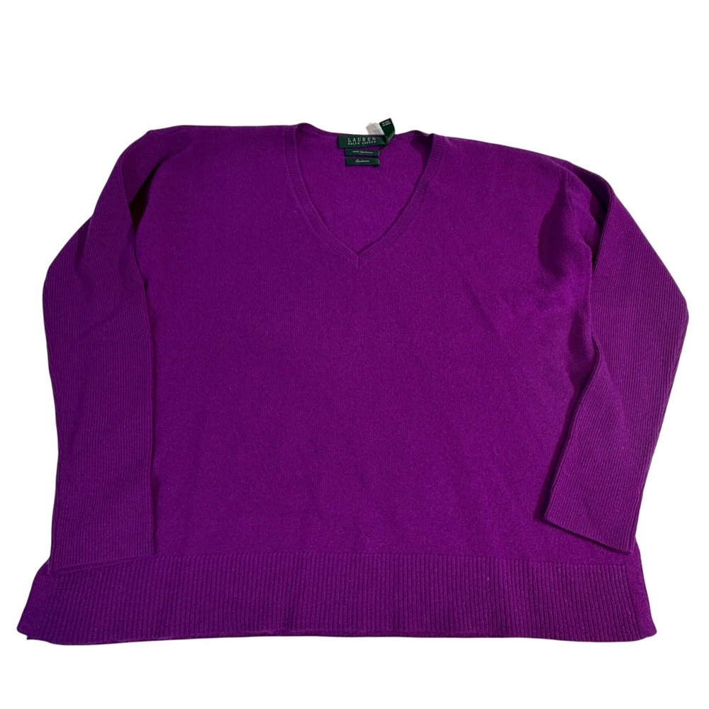 Lauren Ralph Lauren Cashmere Sweater Size S Purple V Neck Ribbed Trim